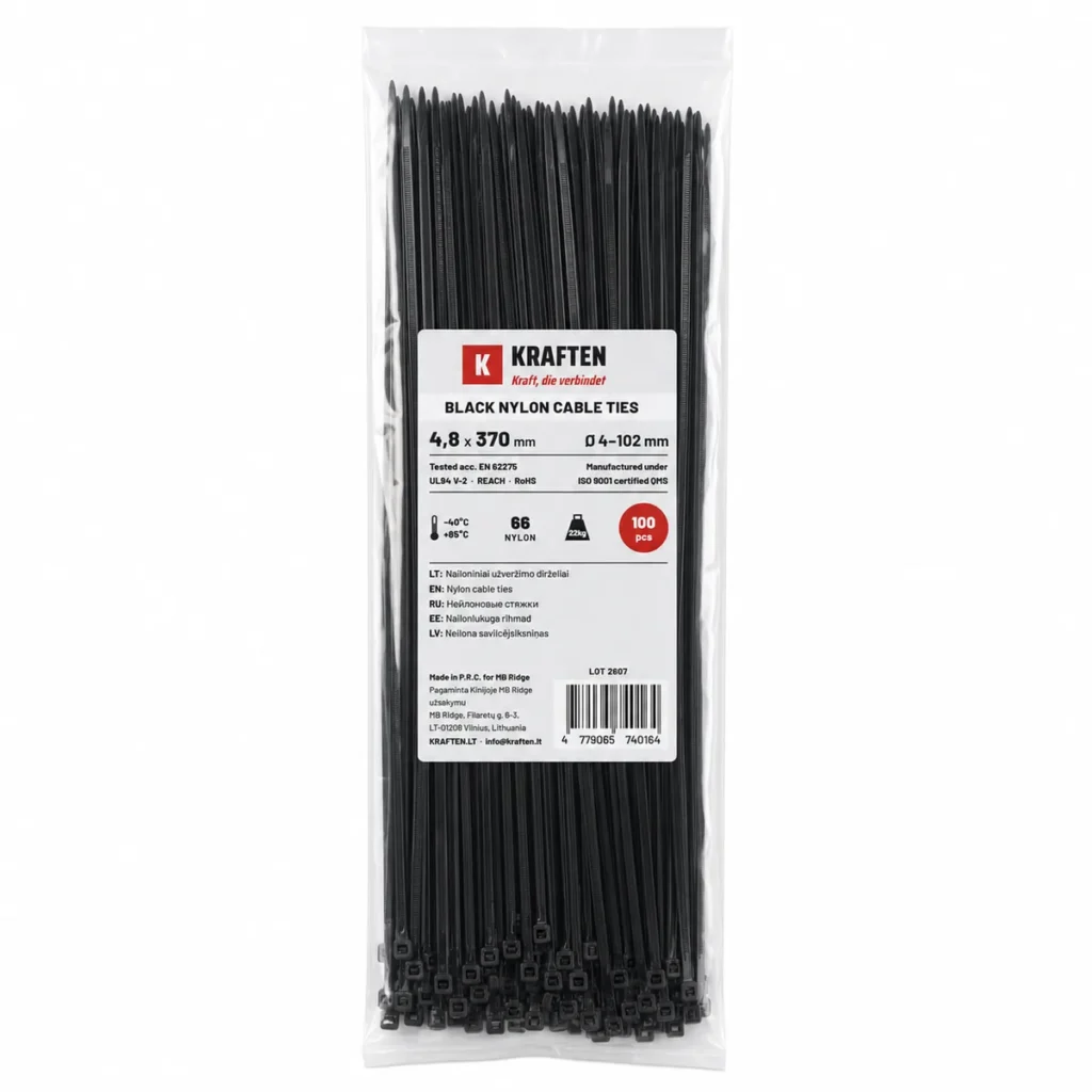 „Kraften Premium“ plastikiniai tvirtinimo dirželiai 370×4,8 mm, 100 vnt.